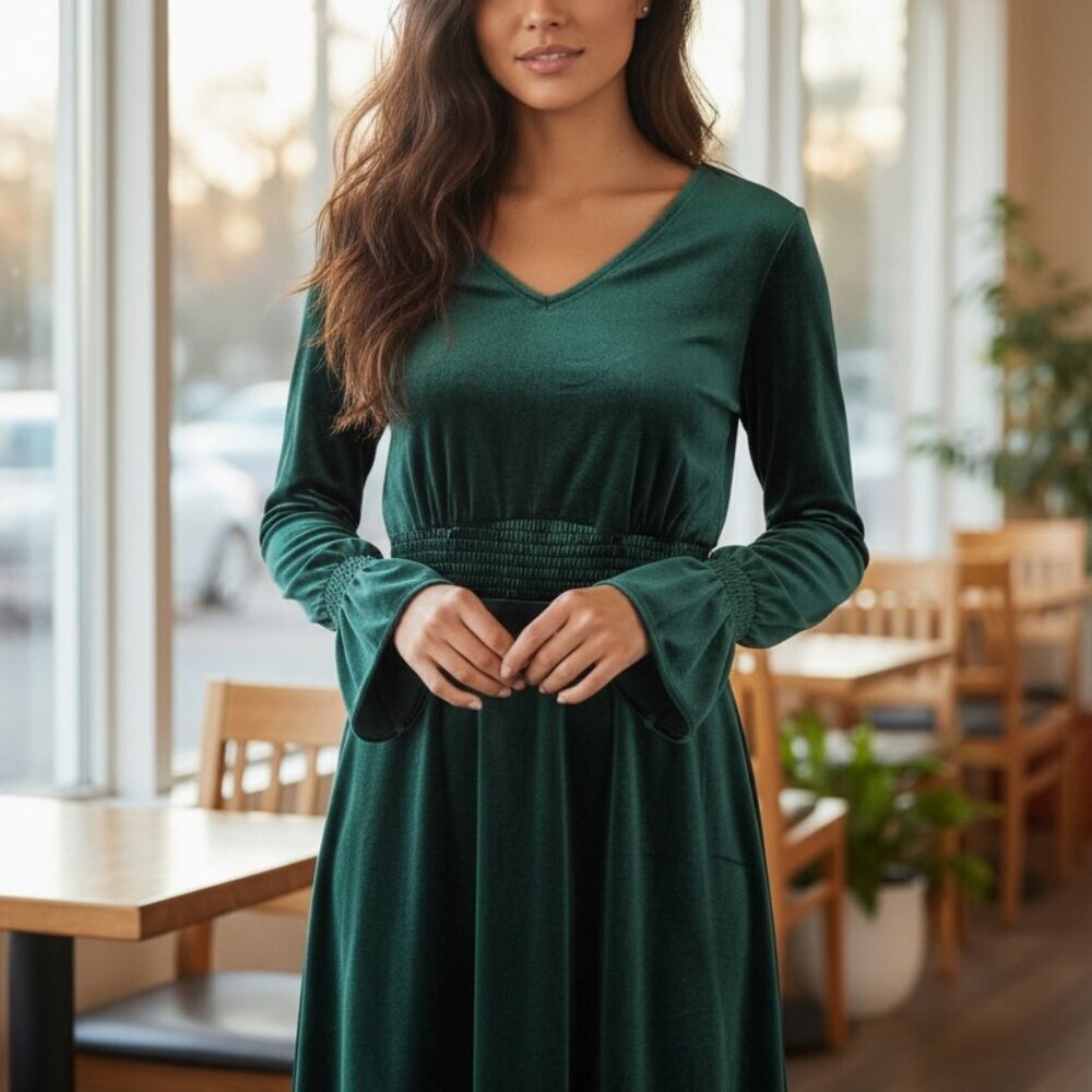 Emerald Green Velvet Dress • V-Neck• Smocked Waist • Bell Sleeve • Romantic Boho - Picture 10 of 10